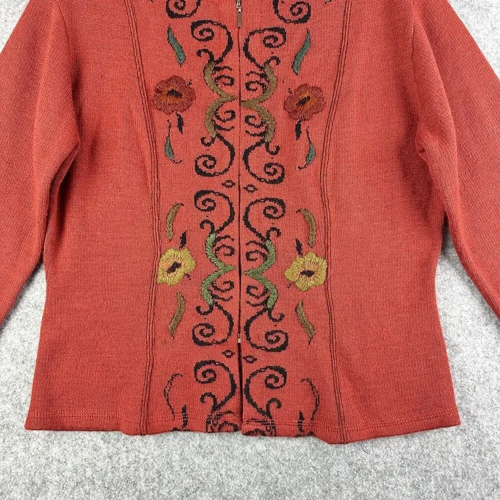 Caamano Sweater Womens L Alpaca Floral Embroidered Full Zip Cardigan Terracotta